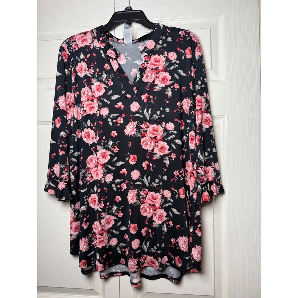 HoneyMe Curvy Womens XL Floral Tunic Top Black Pink Rose Ruffle Sleeve